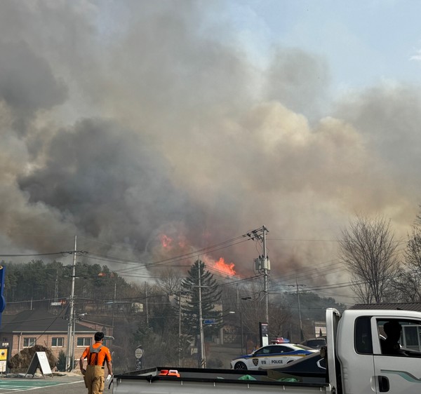 3월22일 경북 의성군과 2022년 3월4일 울진군을 시작으로 산불이 크게 번졌지만 정작 국가산불예보시스템의 산불확산지수와 대형산불예보는 산불 발생과 확산을 제대로 감지하거나 예측하지 못했다. /의성군 안사면 사무소 앞 산불현장, 사진제공=경북소방본부