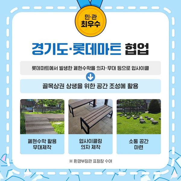 경기도와 롯데마트는 지역 골목상권과의 상생을 위해 도내 롯데마트매장에서 발생하는 폐현수막을 광장 무대 패널, 벤치 등으로 재활용해 전통시장에 기부했다. /자료=환경부