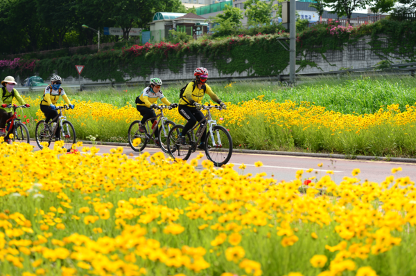 중랑천변 자전거길에서 자전거 타는 시민들 /사진제공=동대문구