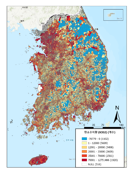 탄소중립 달성 지역(하늘색 부분) /자료제공=고려대학교 오정리질리언스연구원