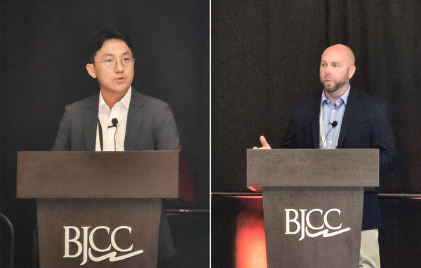 지난 20일 미국 앨라배마 주 버밍햄에서 열린 ‘7F Users Group Conference’에서 한국남부발전과 두산에너빌리티가 사용자-공급자 공동 발표를 진행하고 있다. /사진제공=두산에너빌리티