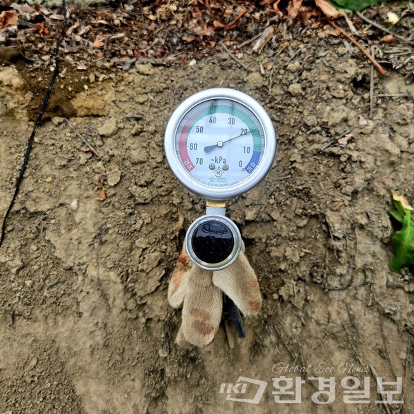 농장 곳곳에는 토양의 수분 농도를 측정하는 센서 장치가 설치돼 있다. /사진=장가을 기자 