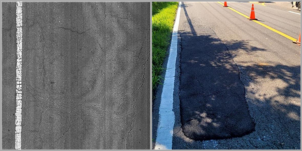 도로 균열 진행 상태(좌) 도로 포트홀 보수(우) 현황 /사진제공=경기도