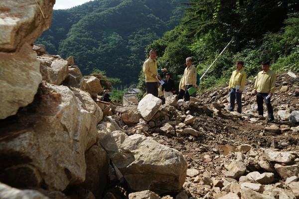임상섭 산림청장이 23일 경기도 가평군 산사태 피해지를 점검하고 있다. /사진제공=산림청