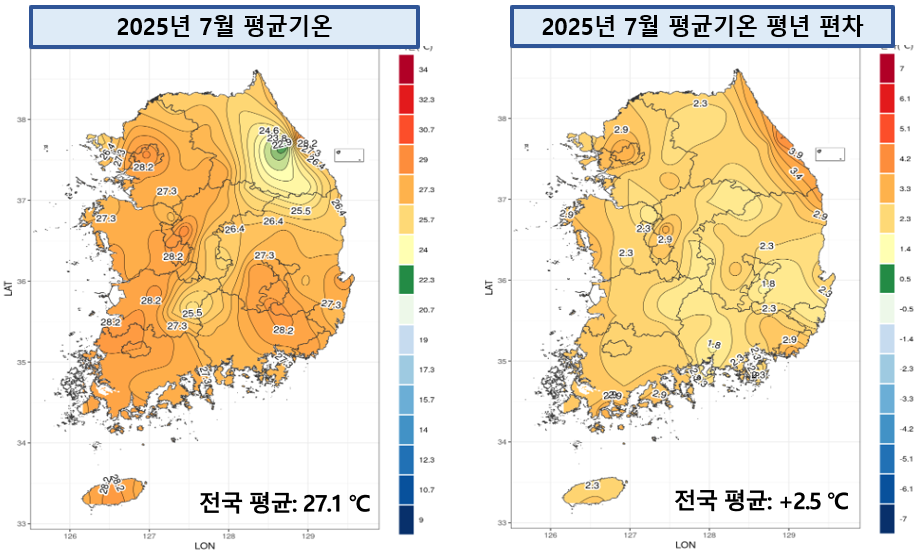 2025년 7월 전국 평균기온 및 평년 대비 편차 분포도 /자료제공=기상청