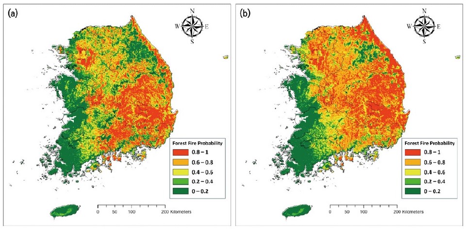 SSP5-8.5에 따른 산불 발생 확률 (a) 2040년대와 (b) 2070년대(Ahn et al., 2024) /자료제공=기상청
