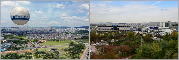 수원화성 창룡문에서 바라본 수원시 전경(좌), 광교신도시로 이전하기 전 경기도청과 경기도의회(우) /사진제공=수원특례시