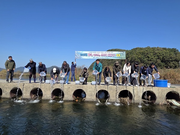토속어류 어린고기와 다슬기 치패 방류 현장 /사진제공=고령군