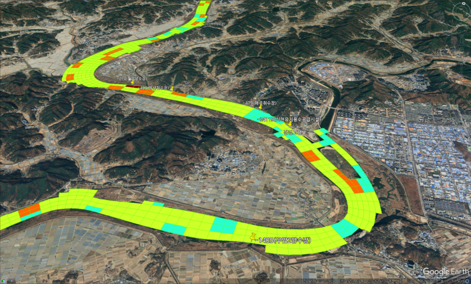구글어스에 중첩·표출된 녹조 발생의 공간정보 예시. 조류경보제 ‘강정고령’ 지점 인근 /자료제공=기후에너지환경부