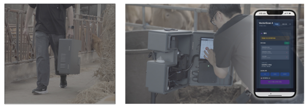 축산농가 및 생활권 환경에서 휴대형 장비를 운반·설치하는 모습. 우측 사진은 현장에서 실시간으로 곤충 영상 및 환경 데이터를 수집·전송하고, 모바일 플랫폼(VectorSight)에서 AI 분석 결과를 확인하는 장면 /자료제공=인천대학교 매개체감염병연구소/인센소리㈜ (Insensory Inc.) 