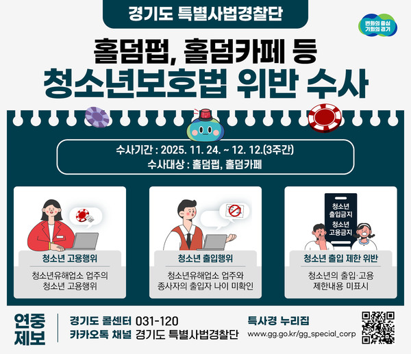 경기도 특사경, 홀덤펍·카페 청소년 출입·고용 집중 수사 / 자료제공=경기도