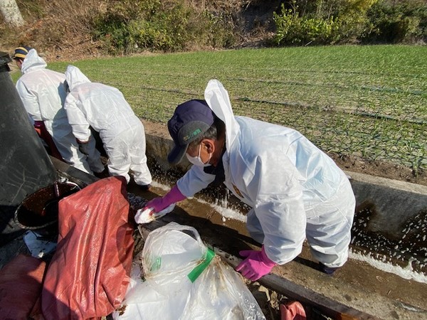 교통사고 기름유출 현장 작업중인 영천시 자율방재단 /사진제공=영천시