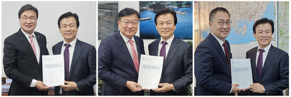 조규일 시장이 김대식·정점식·최형두 예산결산특별위원회 위원을 만나 주요 현안사업에 대한 지원을 건의했다. /사진제공=진주시